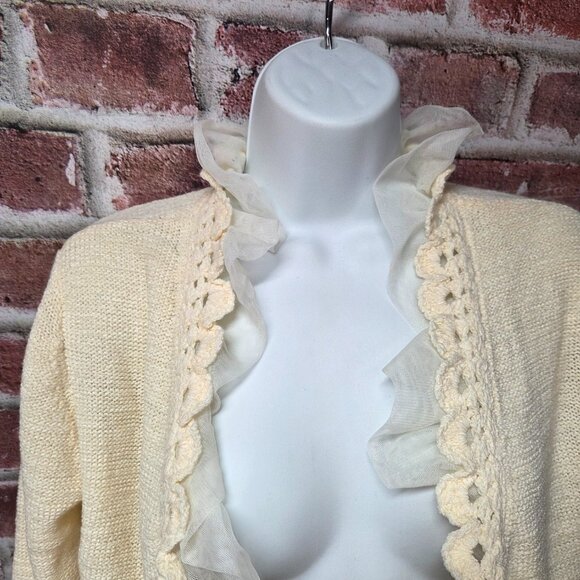 Curio Cardigan S | Vintage 80s Cream Knit Chiffon Ruffle Coquette Cottagecore - Picture 3 of 6
